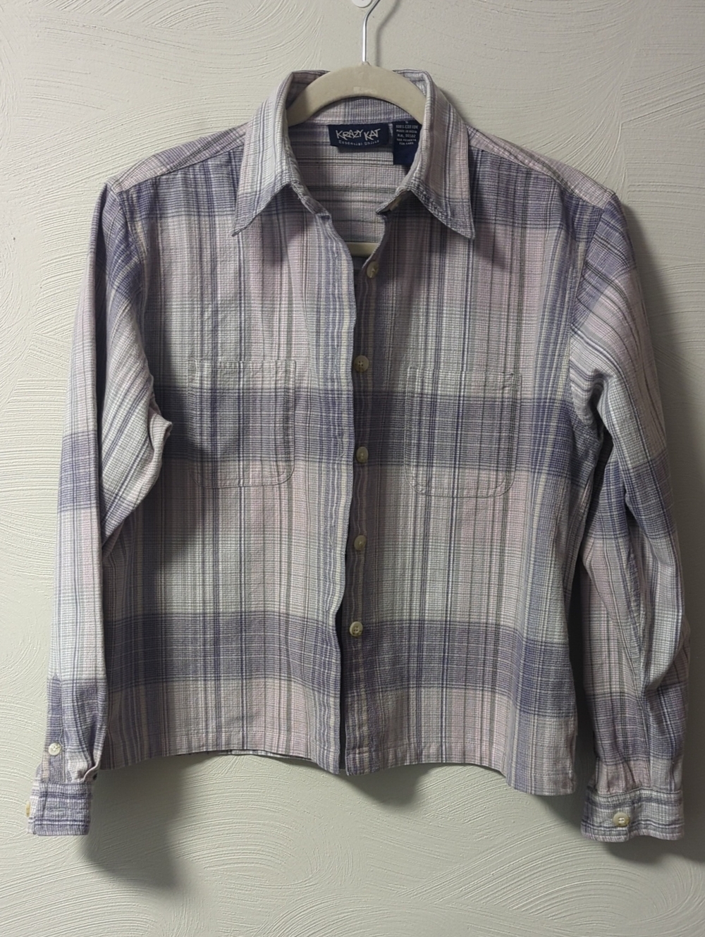 Lavender and Light Gray Plaid Button-Down Flannel Shirt